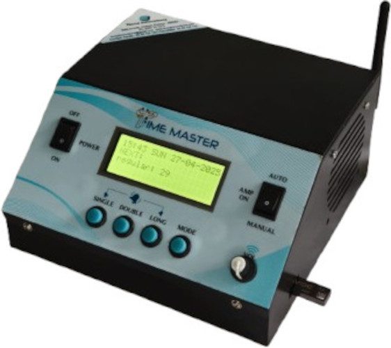 Mandirvani temple audio controller with LCD display, control buttons and GPS antenna